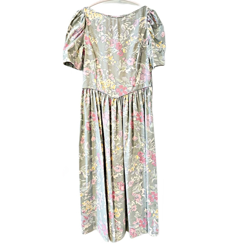 Laura Ashley Vintage Pale Green Floral Cotton Midi Dress Cottagecore Sz 12